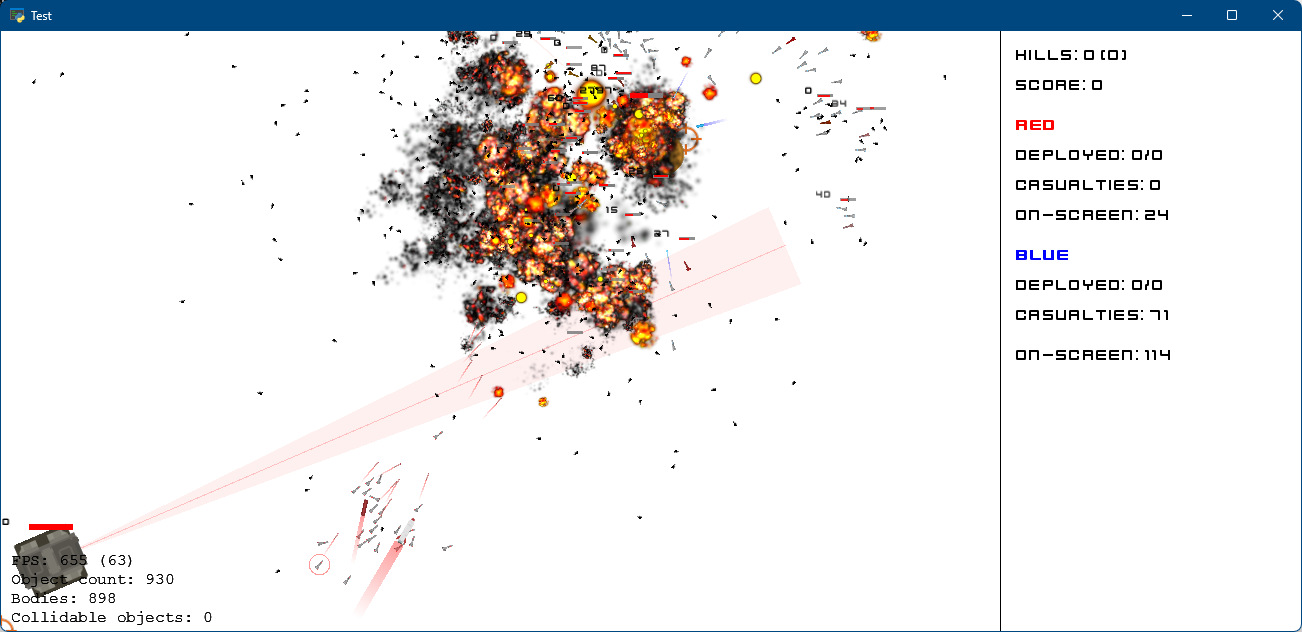 Particle explosions, rigid body debris, and entities and projectiles of multiple types.
